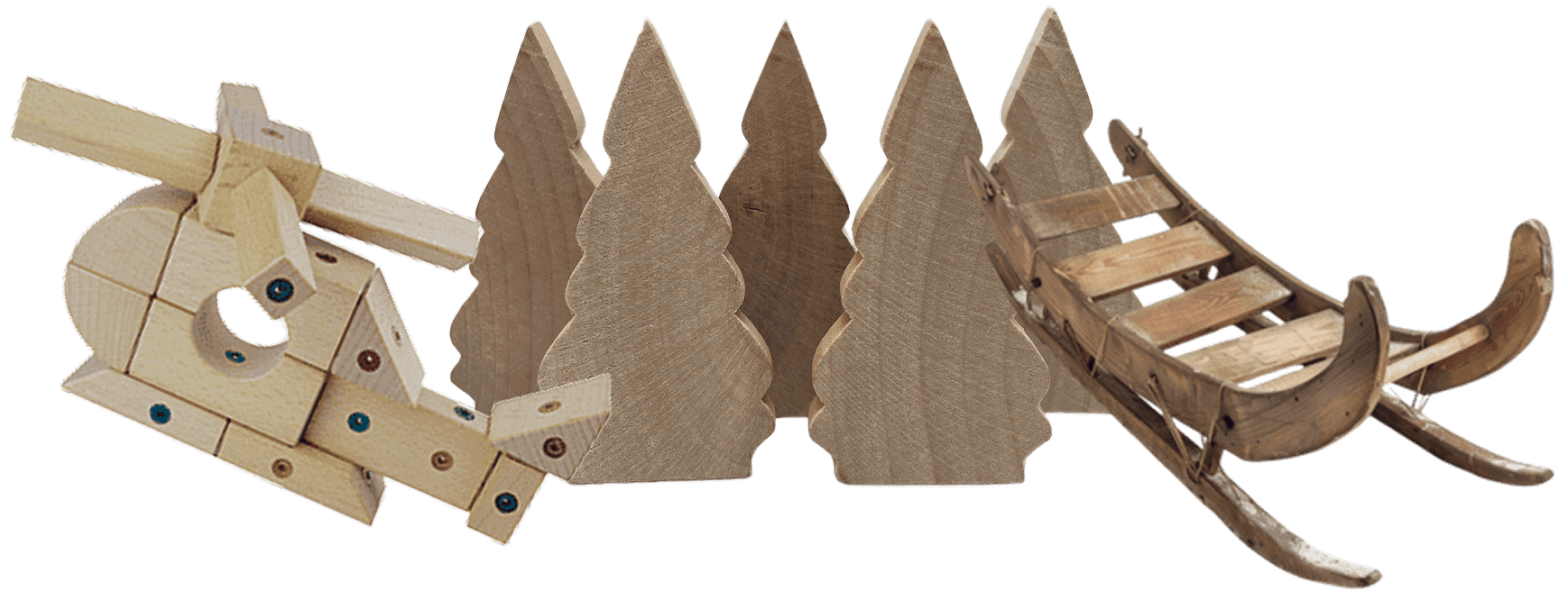 an assortment of wooden crafts